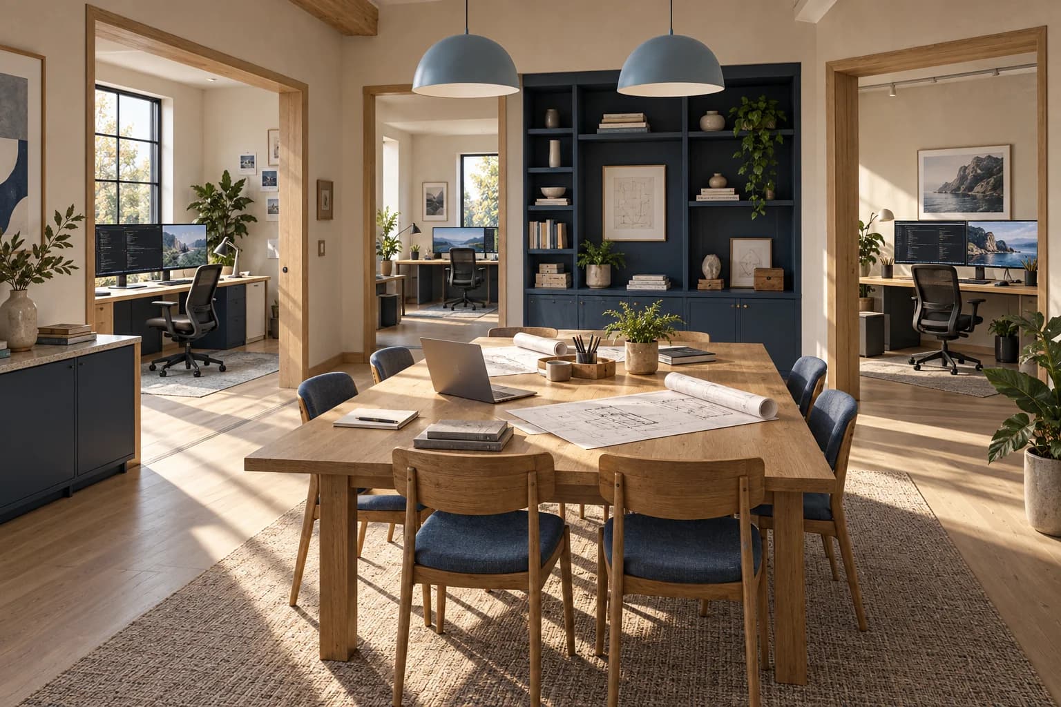 Architectural illustration of connected engineering workspaces around a shared review table