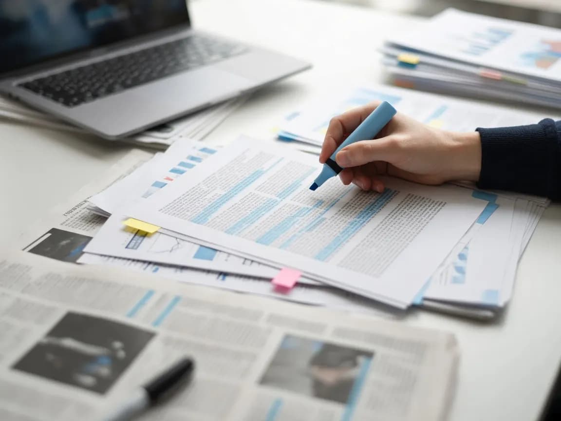 Analyst highlighting passages in a stack of printed reports