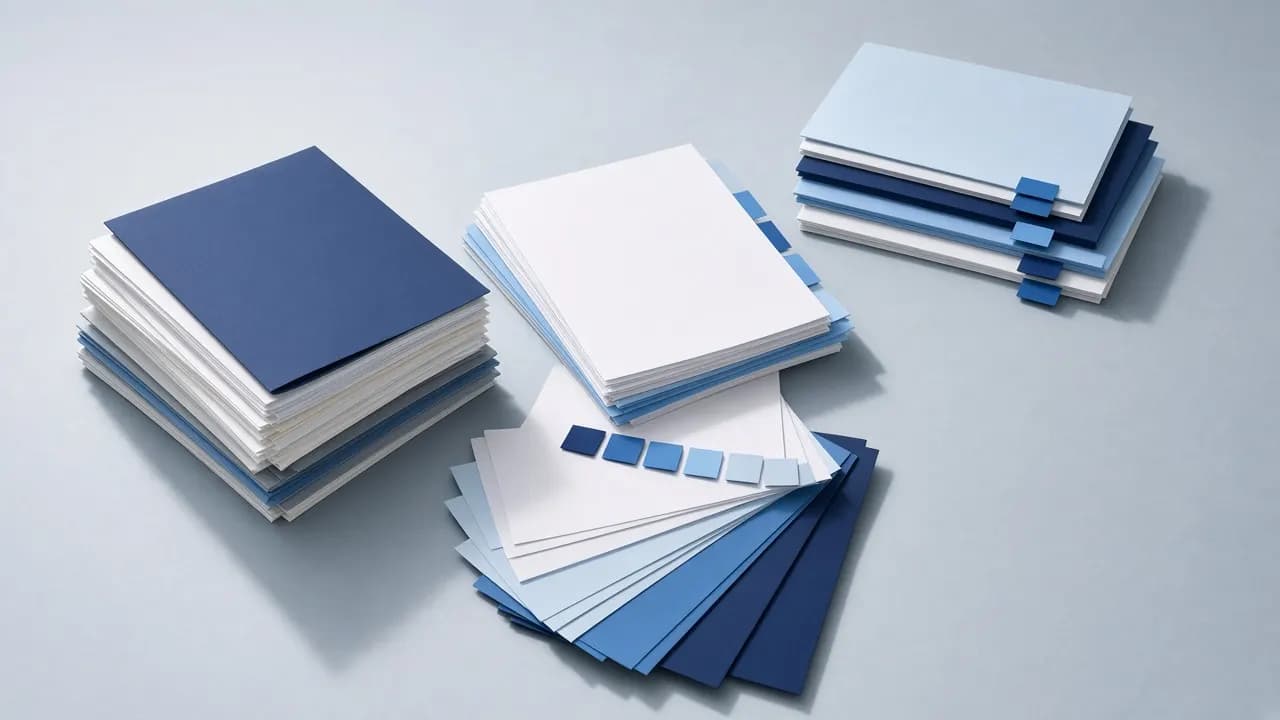 Paper documents sorted into neat stacks with coloured index tabs
