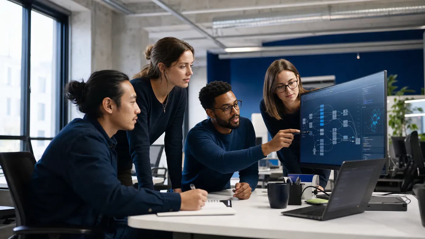 AI engineering team reviewing a production system architecture