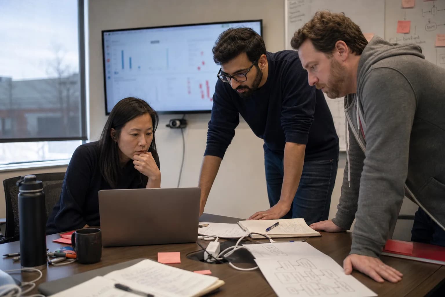 A software team reviewing an AI pilot together to diagnose why it is not ready for production