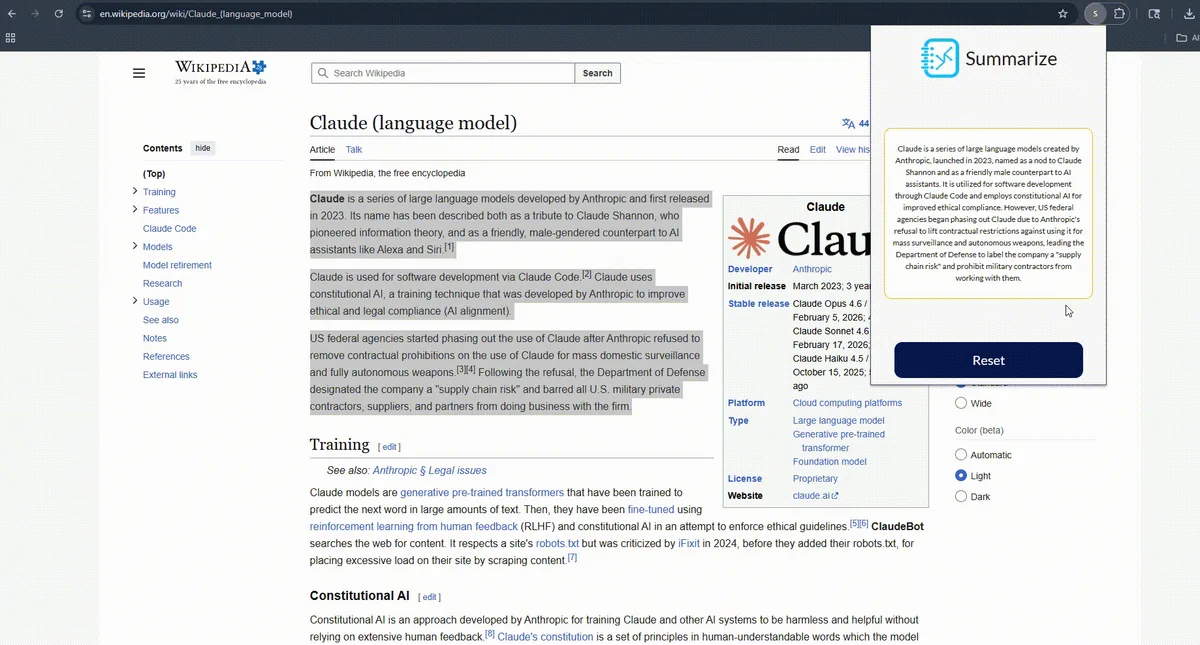 AI browser extension summarizing selected text in its popup
