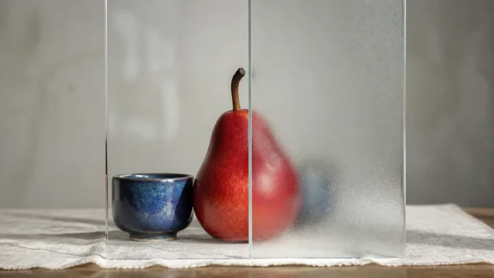 A red pear and blue cup seen through clear and frosted optical glass