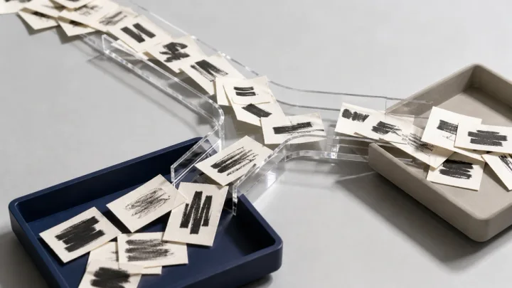 Abstract paper cards moving through a branching physical classifier