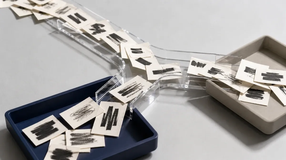Abstract paper cards moving through a branching physical classifier
