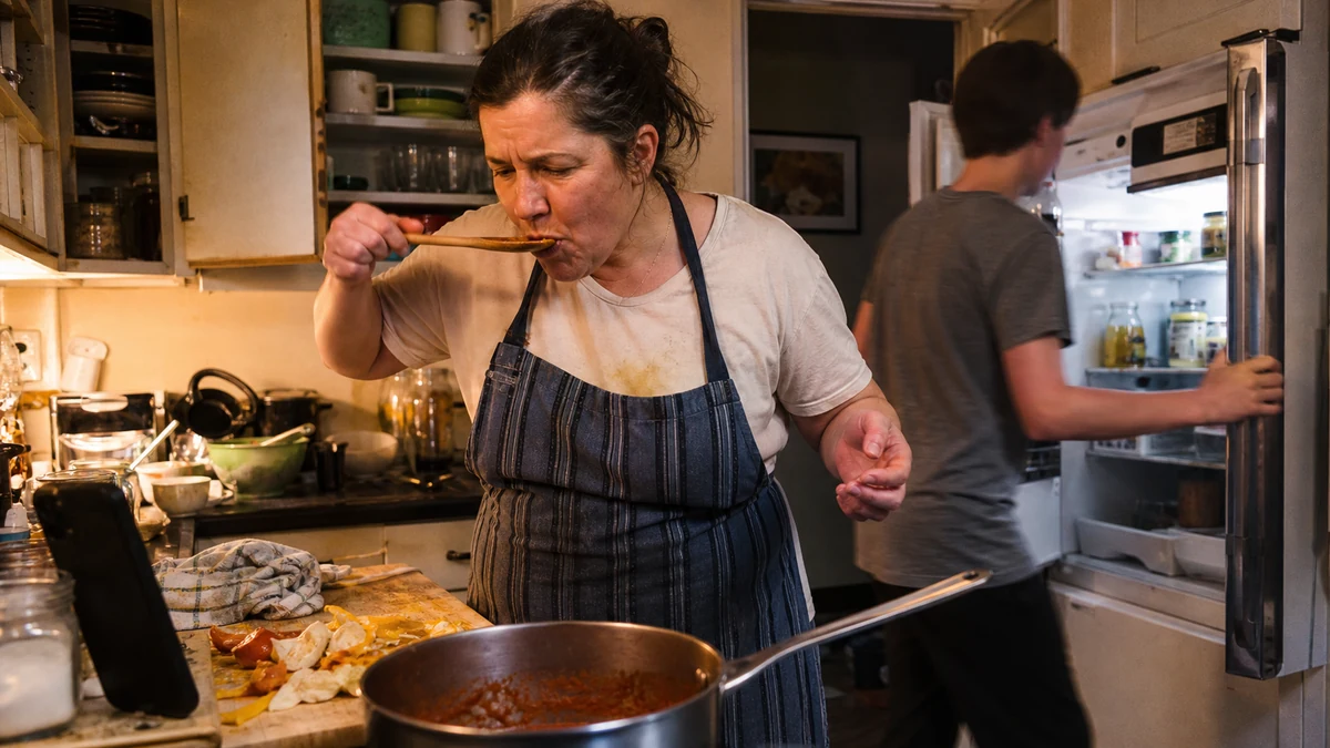 A cook tastes a family meal while another person checks ingredients in the refrigerator