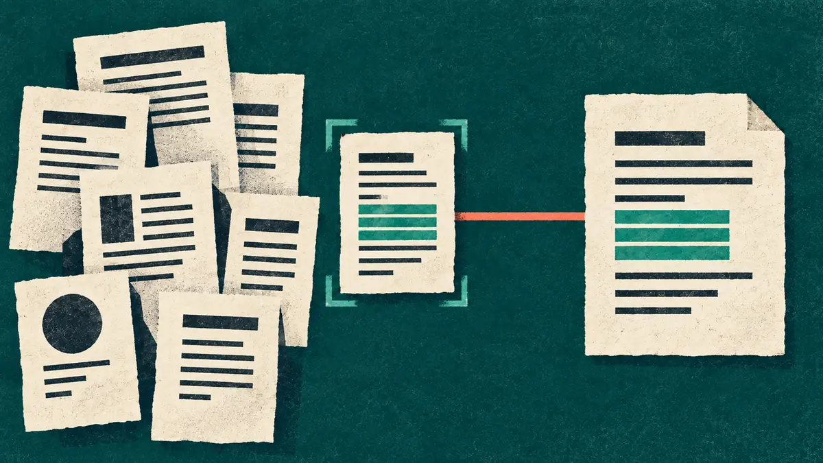Editorial illustration of a highlighted source passage selected from documents and connected to an answer