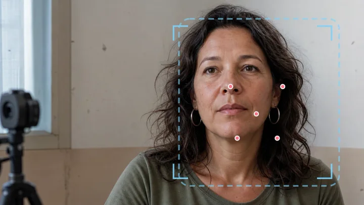 Natural frontal portrait with a precise face-detection calibration overlay
