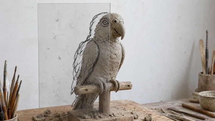 Handmade clay parrot aligned with charcoal contours on a clear studio sheet