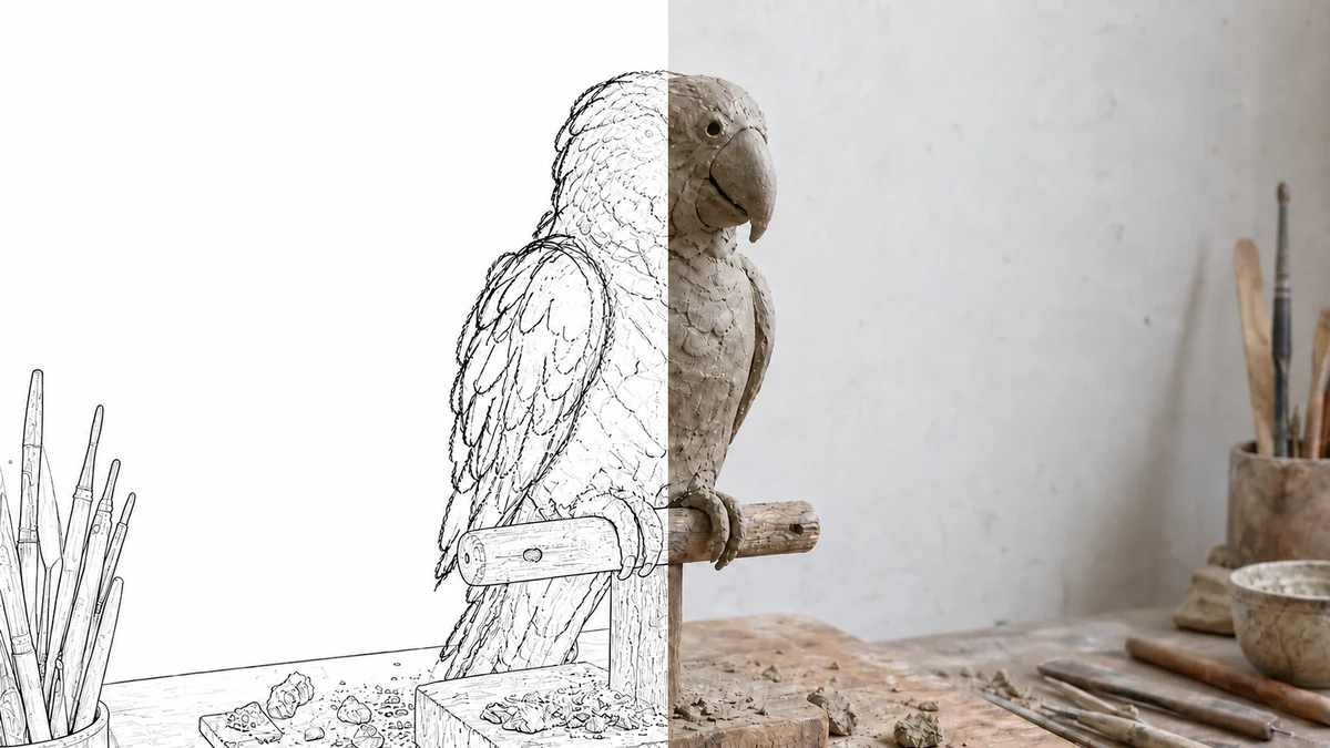 Clay parrot with a split photographic and edge-detection illustration