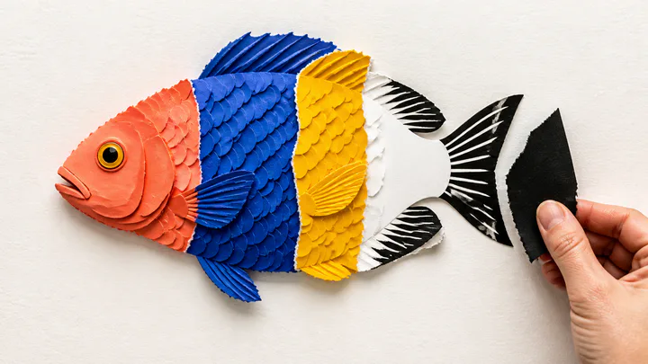 Layered paper fish changing from detailed scales to segmented regions and a binary silhouette