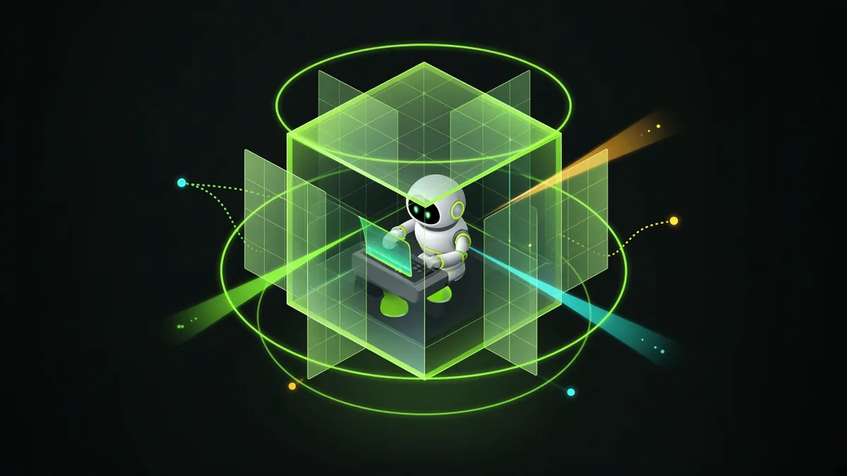 Illustration: an AI agent works at a terminal inside a glowing green sandbox cube, ringed by policy boundaries that let some connections through.