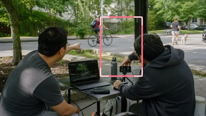 A field camera test tracking one cyclist with a precise detection box