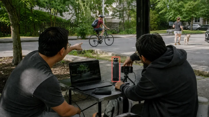 Illustrative object detection box enclosing a water bottle during an outdoor camera test