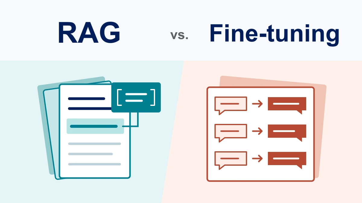 RAG vs. Fine-tuning: an editorial illustration of highlighted source documents alongside paired input and response training examples.