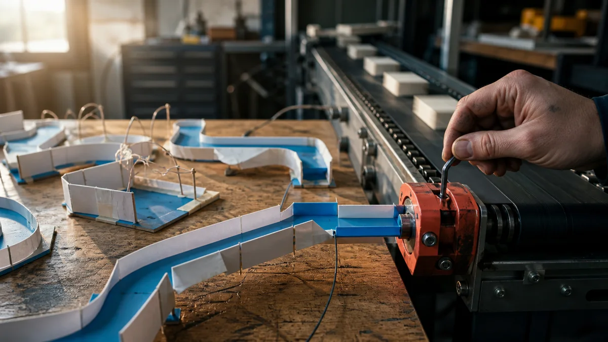 Fragile prototype tracks reaching dead ends while one engineered route connects to a working production conveyor