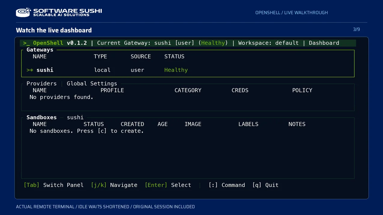 Recorded OpenShell terminal dashboard showing a healthy Sushi gateway before creating a sandbox.