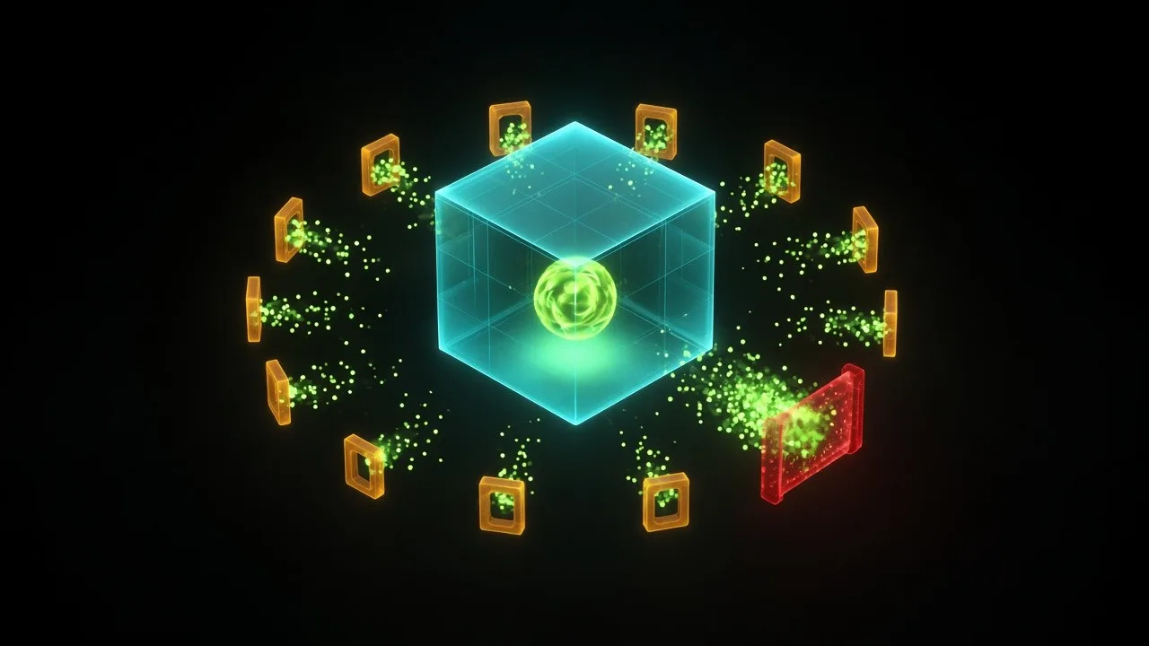 Illustration: a glowing cube representing a sandbox holds an agent. Policy checkpoints around it let allowed traffic through, and one barrier blocks a request.